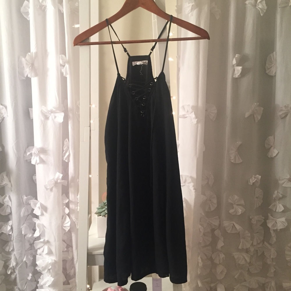 Black Lace Up Halter Tank Dress